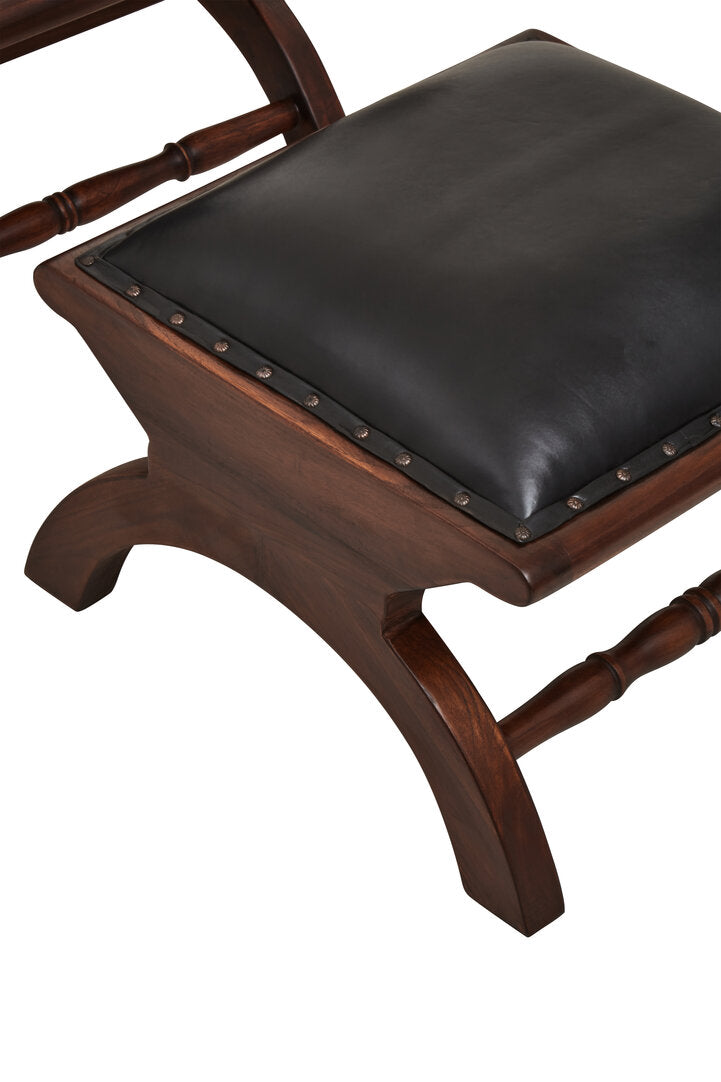 Andes Genuine Black Leather and Teak Lounge Chair with Footstool