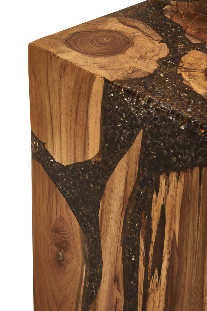 Lotus Resin and Teak Wood Side Table and Stool