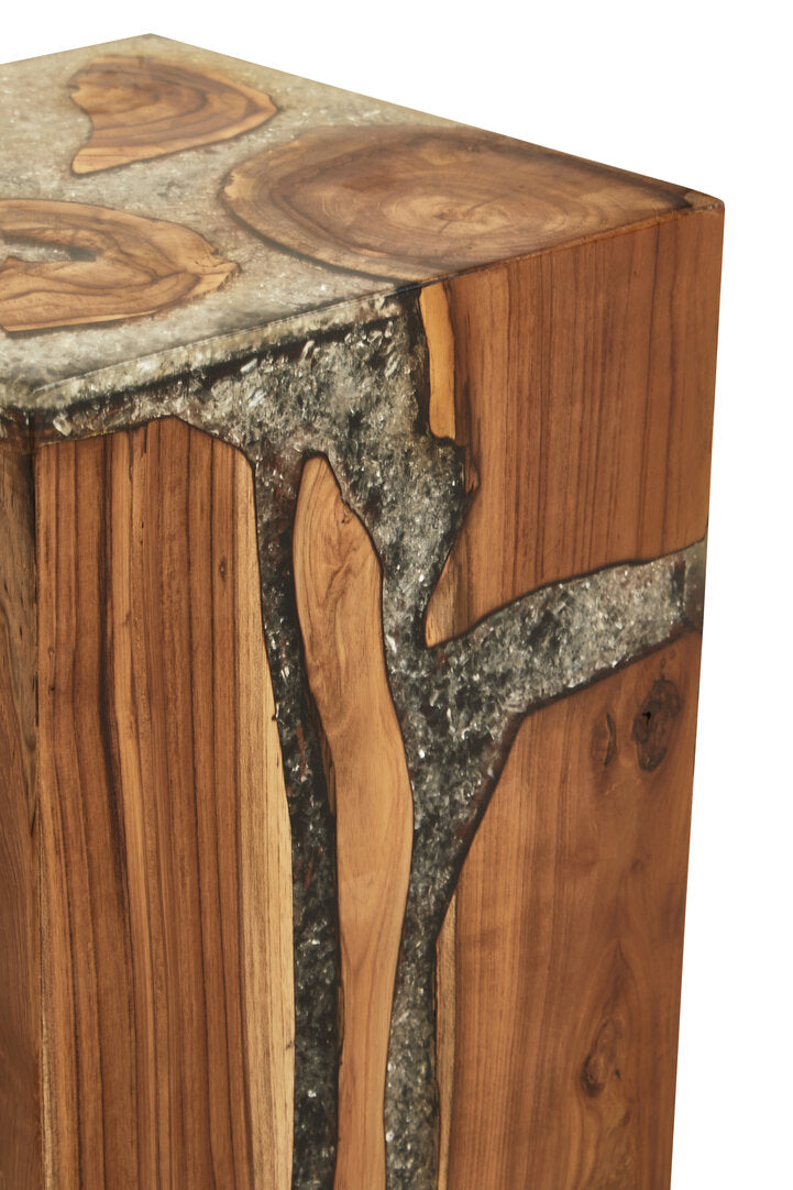Lotus Teak Wood and Resin Side Table and Stool