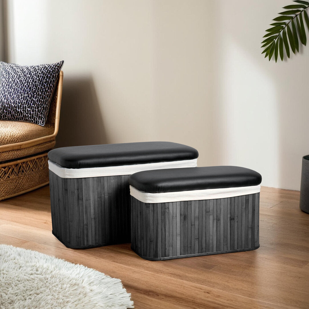 Woodland Black Set of 2 Bamboo Storage Ottoman