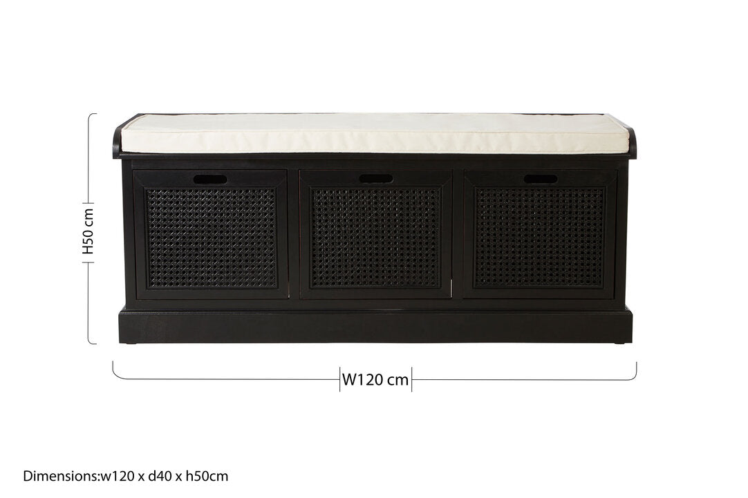 Heirloom Black Three Drawer Storage Bench with Cushion