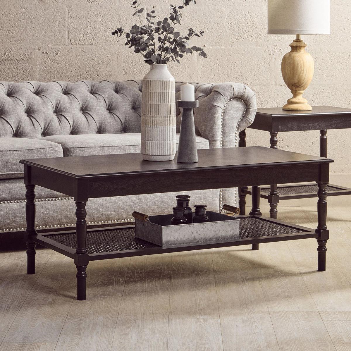 Heirloom Black Wooden Coffee Table with Rattan Shelf