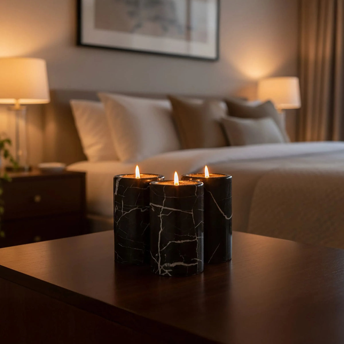 Obsidelle Set Of Three Black Marble Tealight Holders