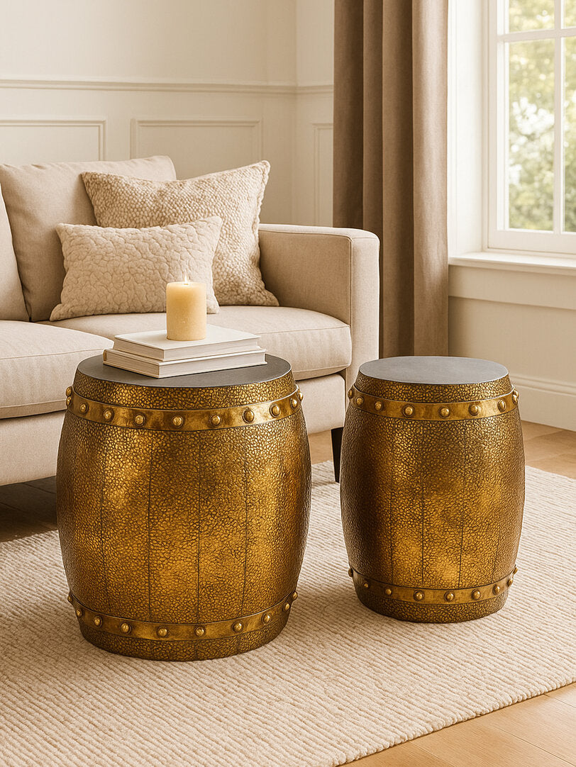 Cyrus Set of 2 Hammered Drum Stools and Tables