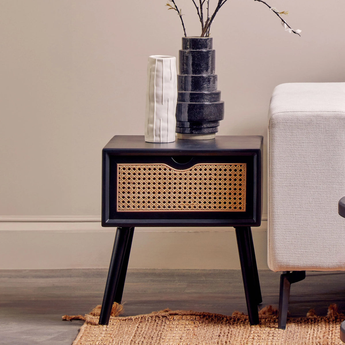 Pacific Black Side Table with Rattan Drawer