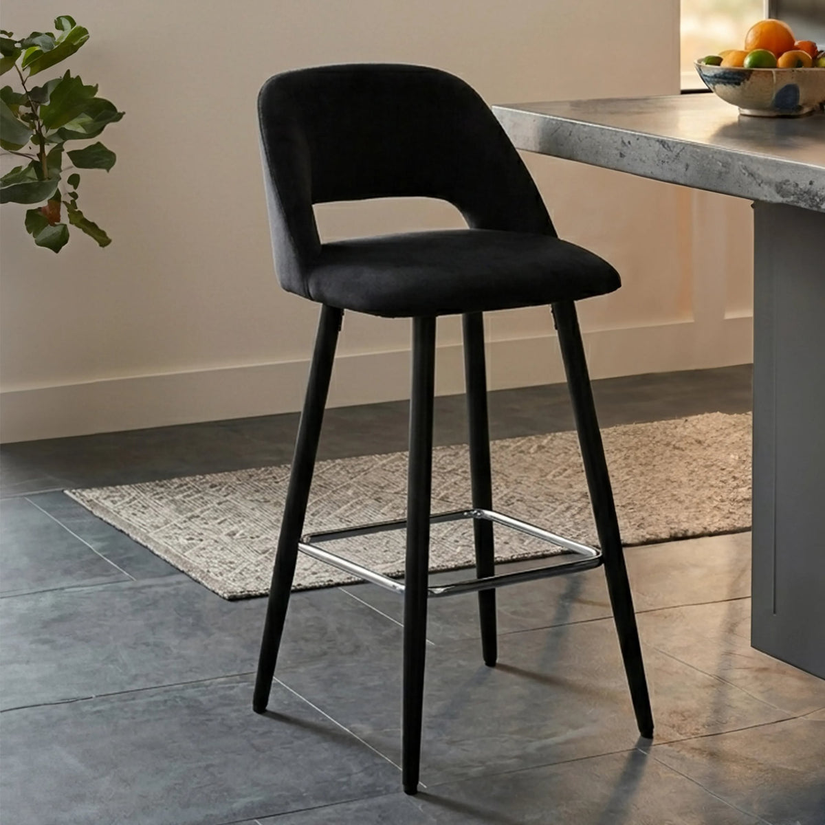 Waverley Black Velvet Bar Chair with Silver Finish Footrest