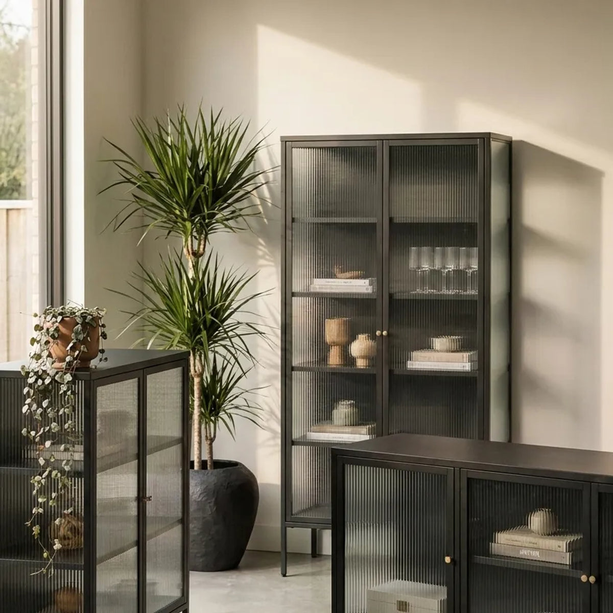 Flutelle Black Metal and Fluted Glass Door Sideboard