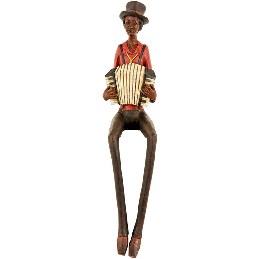 Sitting jazz band figurine, featuring a red and black musician with an accordion, elegantly crafted for vintage charm.