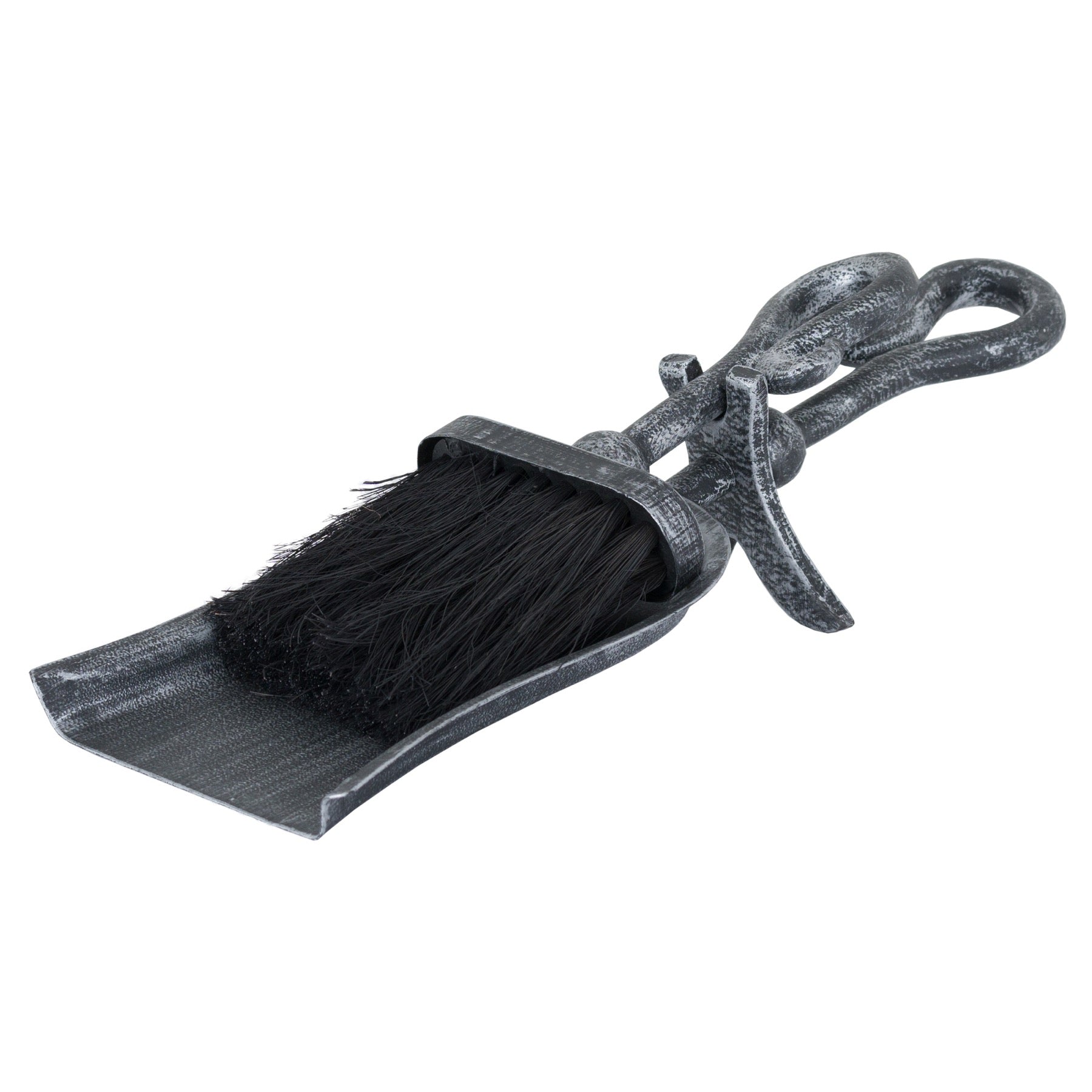 Elegant black steel hearth tidy set featuring a brushed finish and a traditional crook handle, combining style and functionality.
