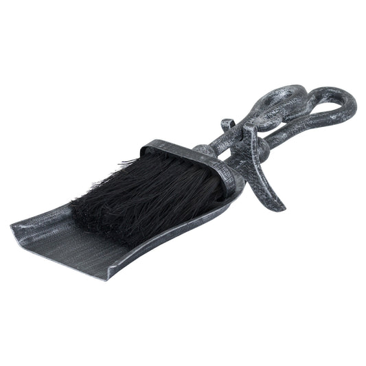 Elegant black steel hearth tidy set featuring a brushed finish and a traditional crook handle, combining style and functionality.