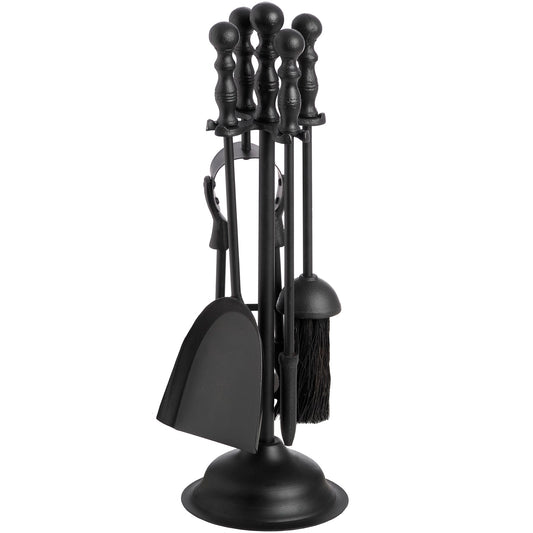 Elegant black fireplace companion set featuring ornate detailing and durable craftsmanship, perfect for sophisticated decor.