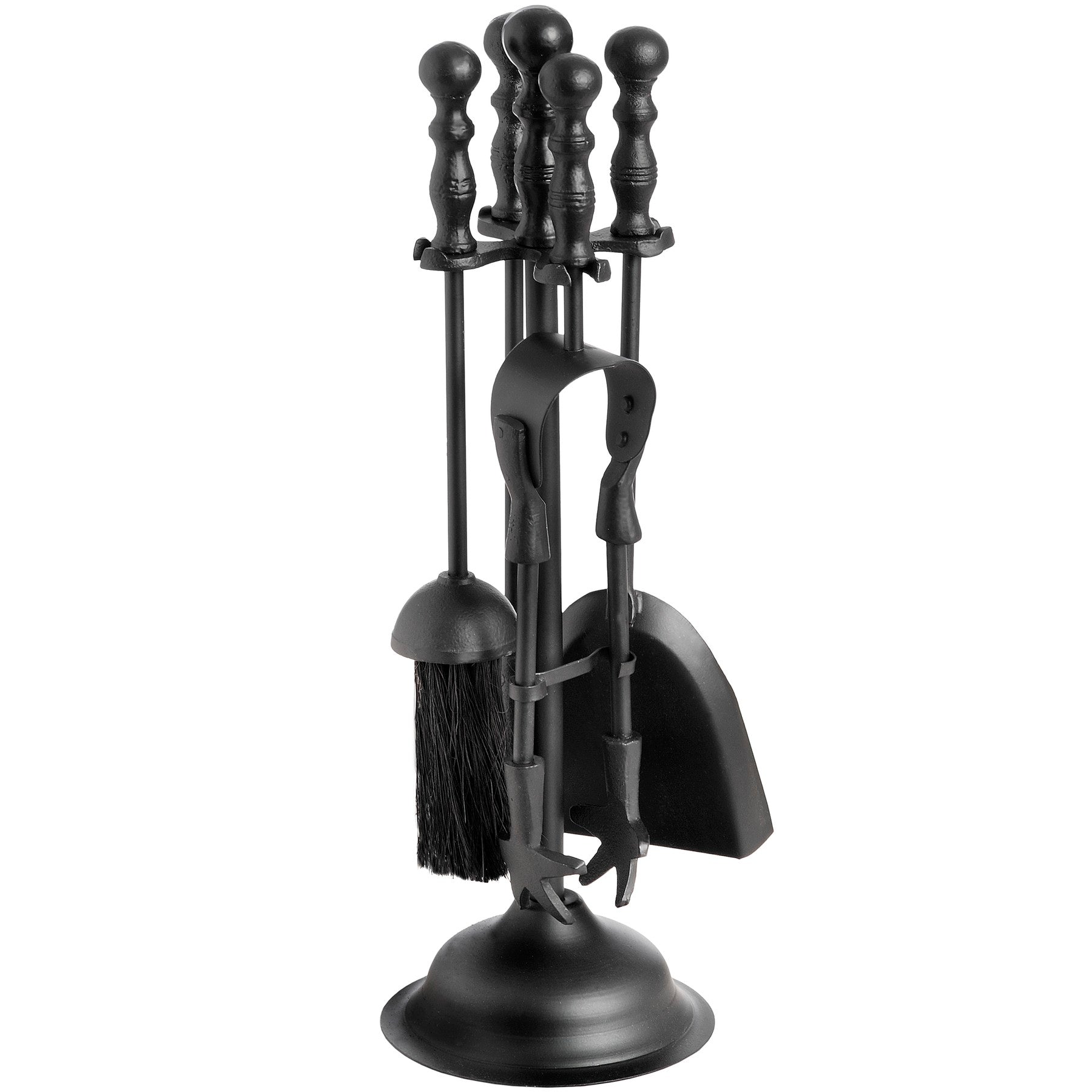 Elegant black fireside companion set featuring ornate detailing, including a brush, fire poker, and shovel, perfect for any decor.
