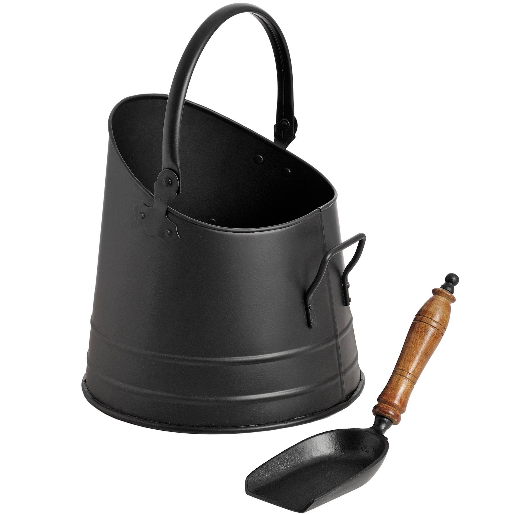 Black coal bucket made of durable steel, featuring a sleek design and smooth teak handle shovel, perfect for stylish storage.