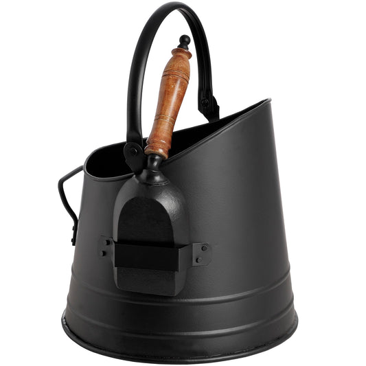 Black coal bucket made of durable steel with a smooth teak handle and shovel, elegantly designed for fireside use.