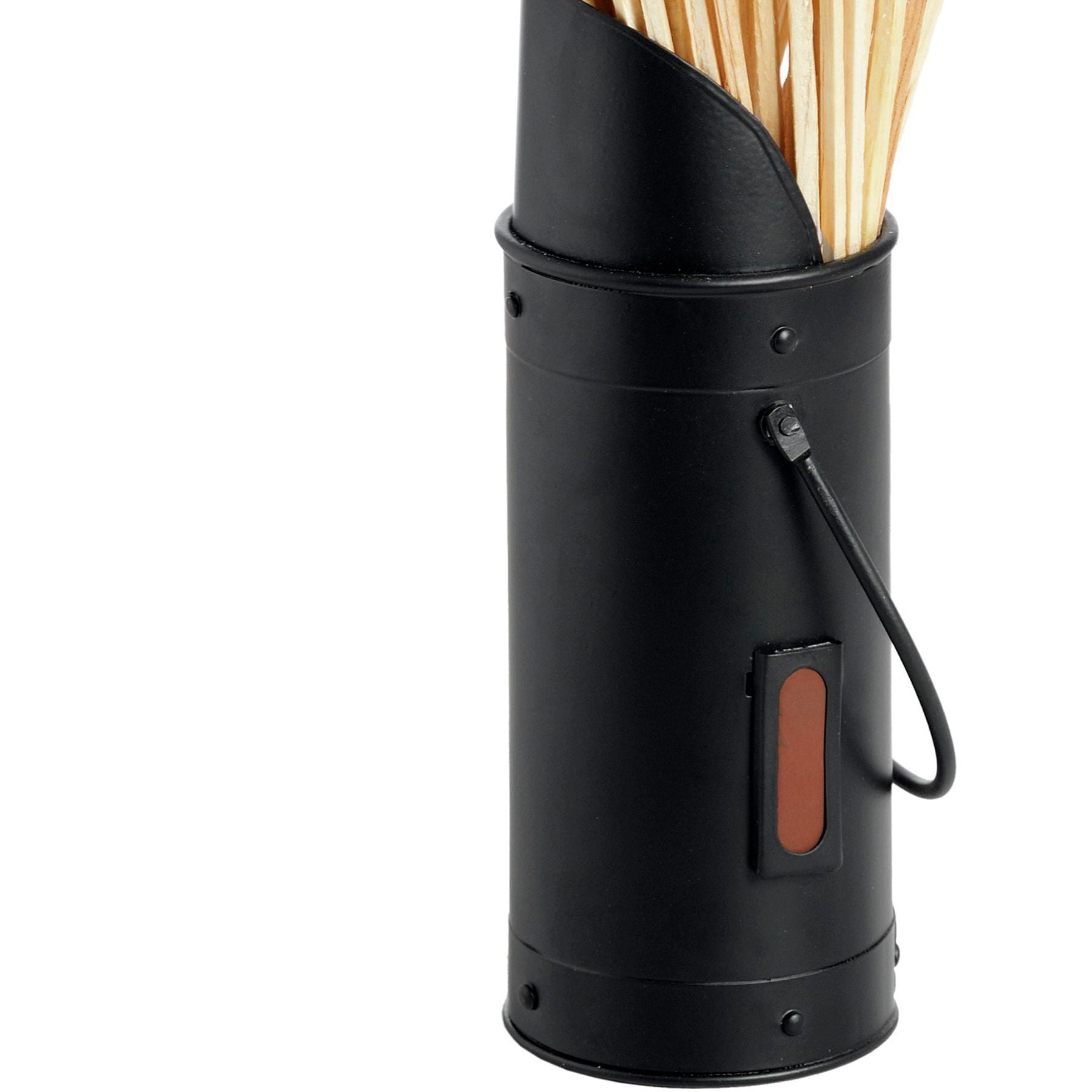 Sleek matte black matchstick holder with 60 wooden matches; elegant design adds modern flair to any fireside setting.