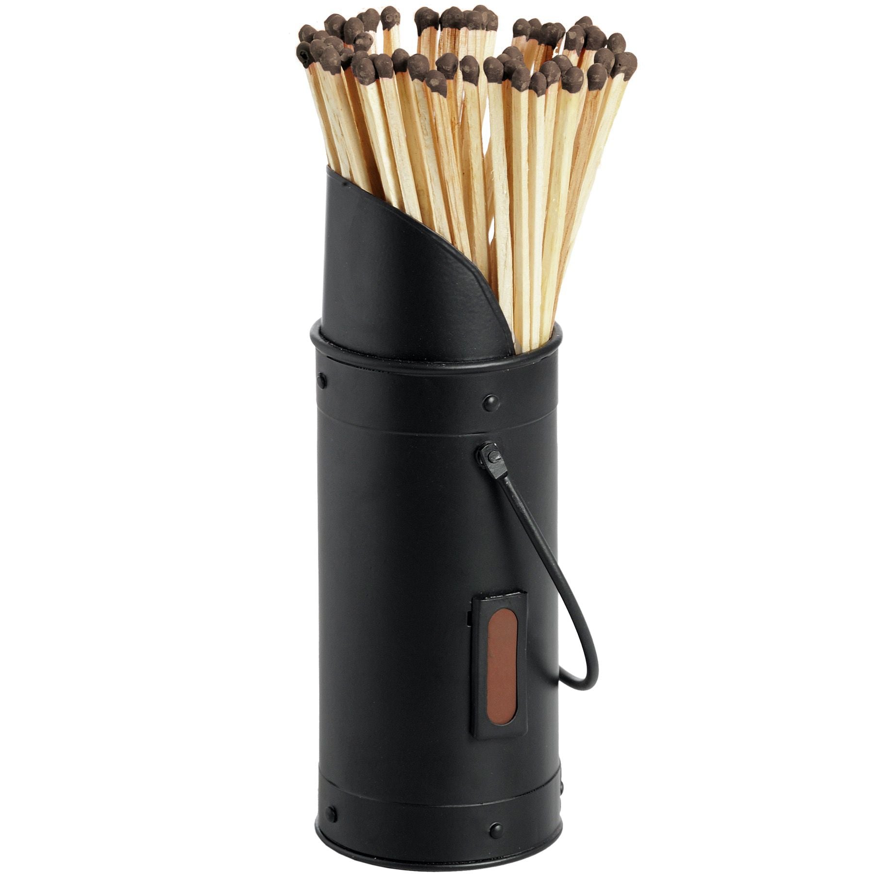 Sleek matte black matchstick holder filled with 60 matches, designed for style and organization by the fireside.