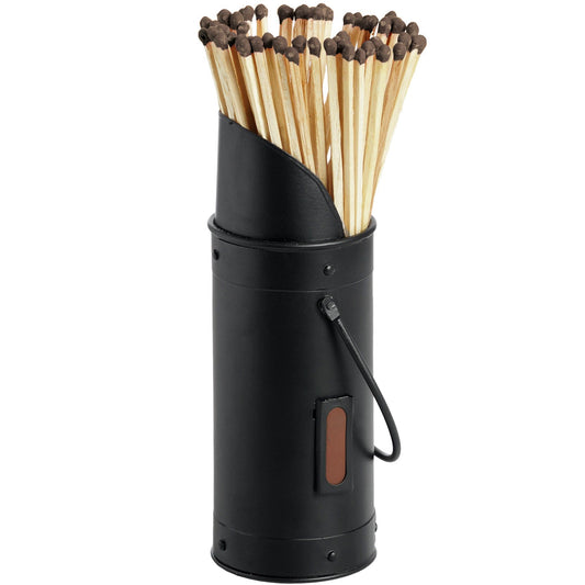 Sleek matte black matchstick holder filled with 60 matches, designed for style and organization by the fireside.