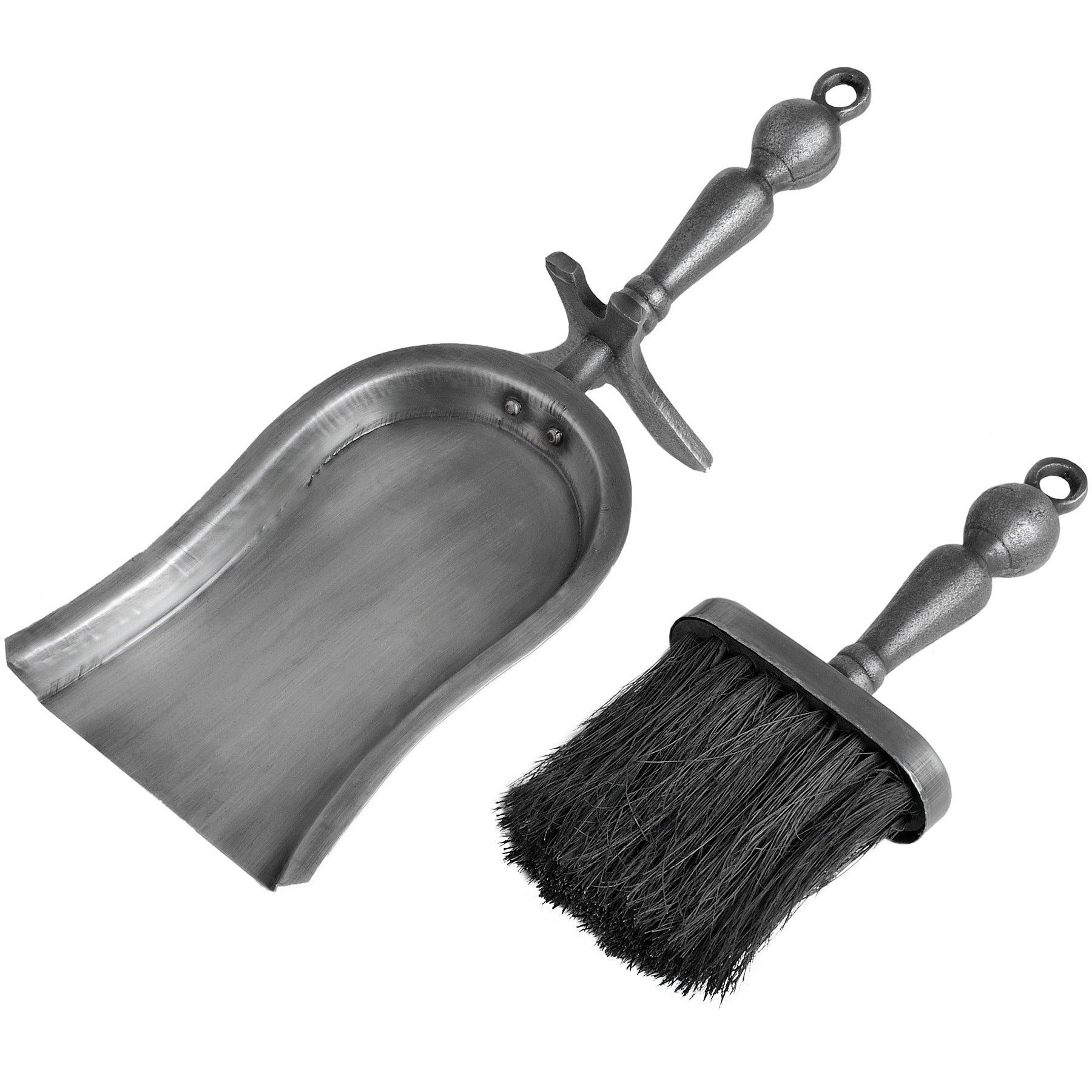 Antique pewter effect fireside tidy set featuring a brush and shovel, blending elegance and practicality for the hearth.