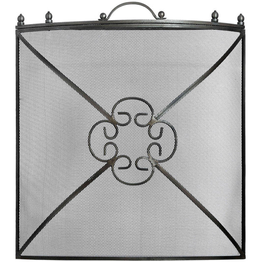 Antique pewter mesh fireguard with ornate design, featuring a robust metal frame and decorative finials for elegance and safety.
