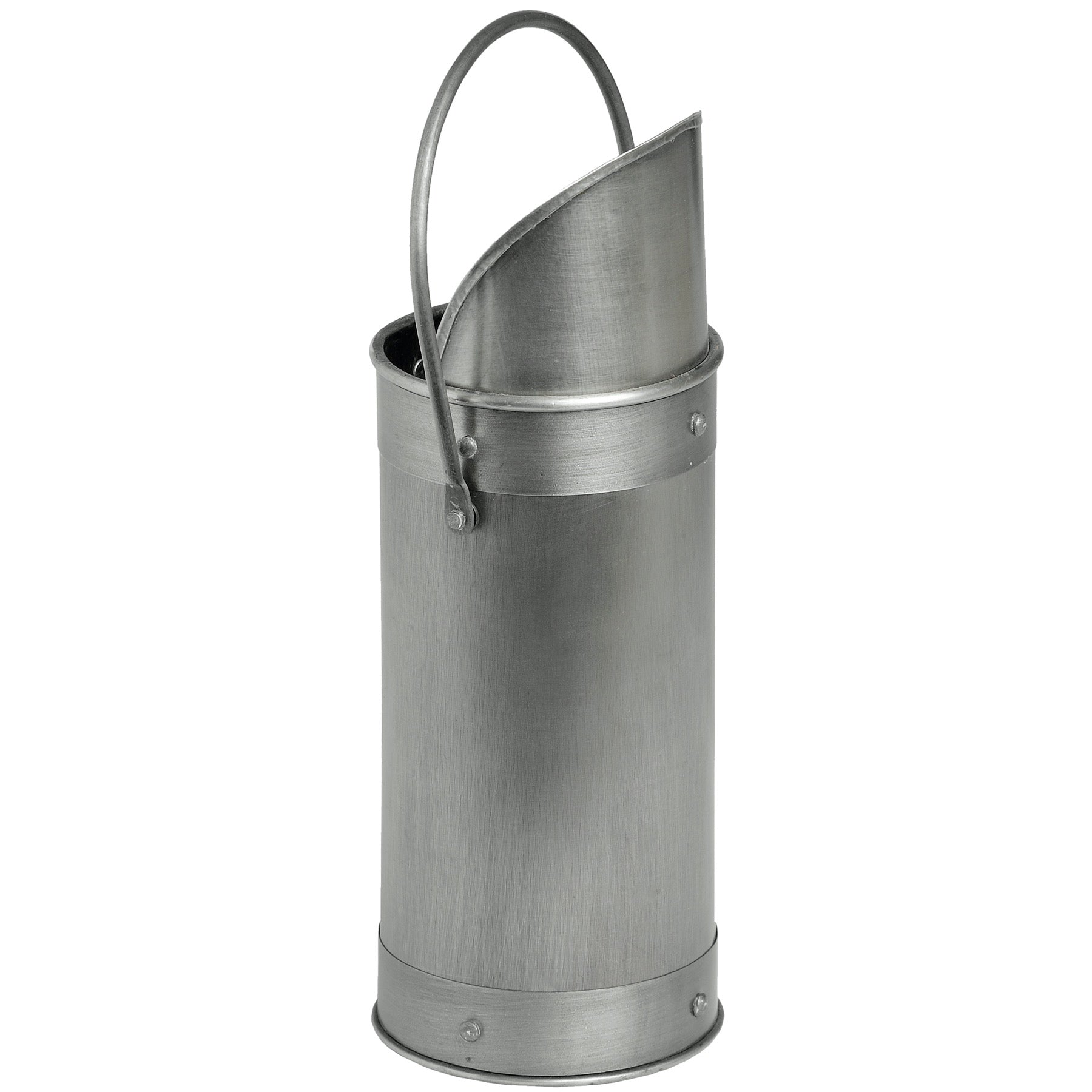 Antique pewter match holder in silver, cylindrical design with a side-mounted striker, elegantly holds 60 matches.