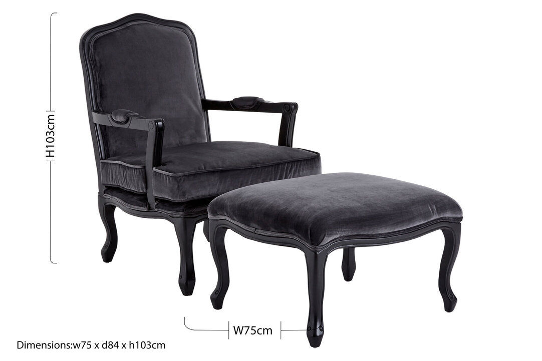 Baroque Grey Velvet Chair And Footstool