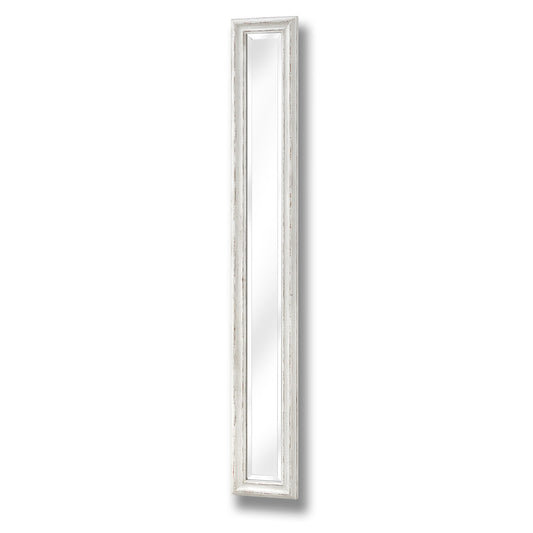 Narrow wall mirror with an antique white frame featuring delicate detailing, enhancing space with elegance and brightness.
