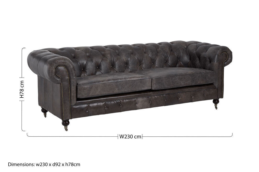 Noble Dark Grey Brown Leather Chesterfield 3 Seat Sofa