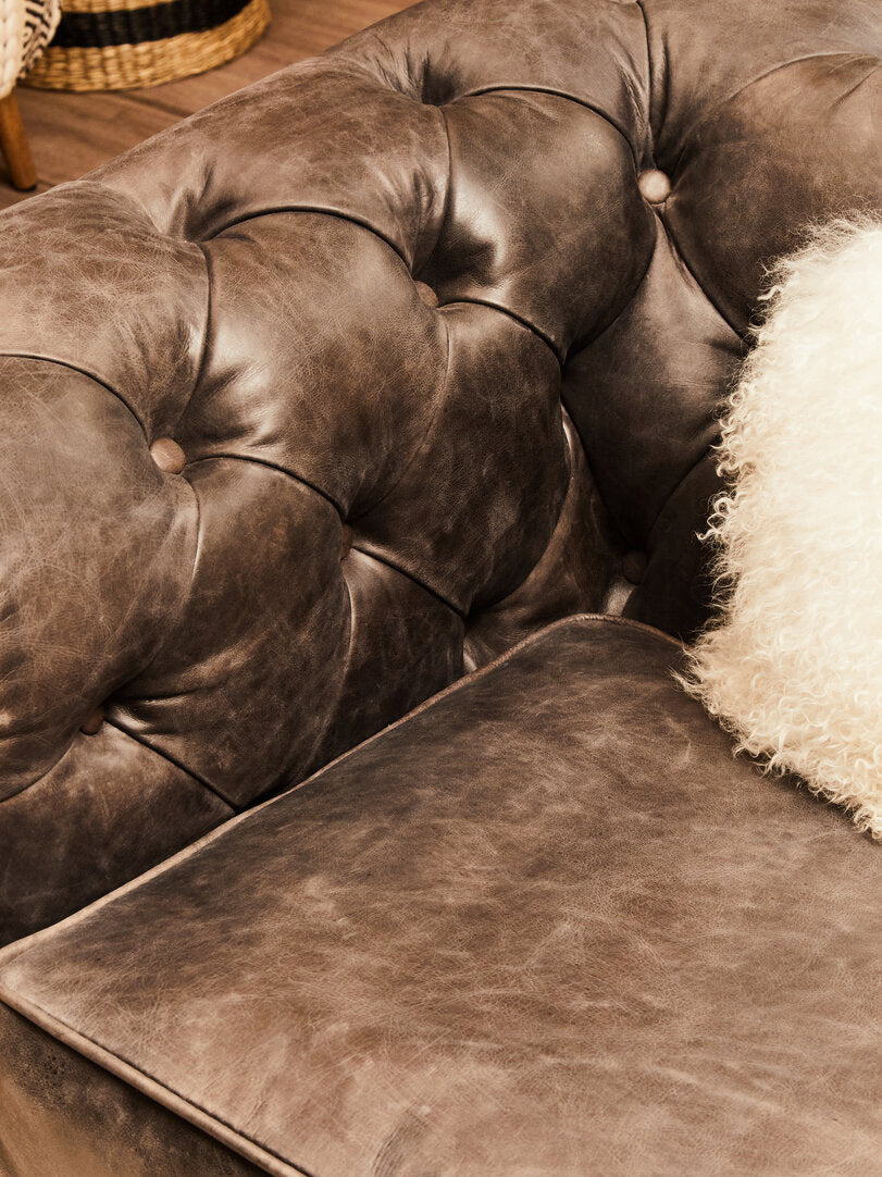 Noble Dark Grey Brown Leather Chesterfield 3 Seat Sofa