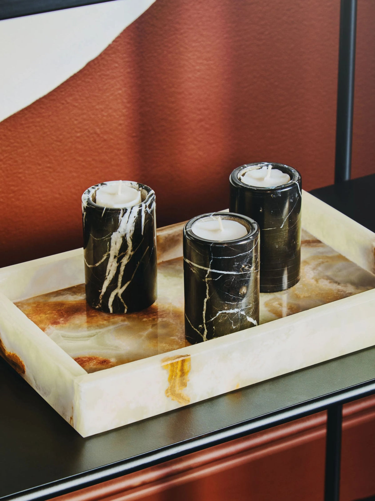 Obsidelle Set Of Three Black Marble Tealight Holders