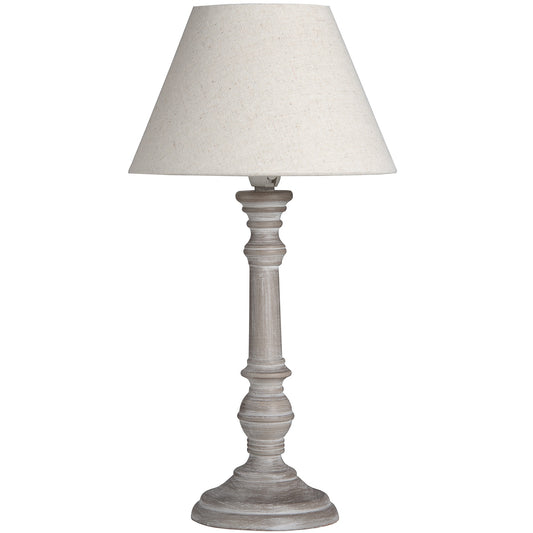 Rustic table lamp with a washed wood base and a crisp linen shade, standing 45cm tall, ideal for any elegant decor.
