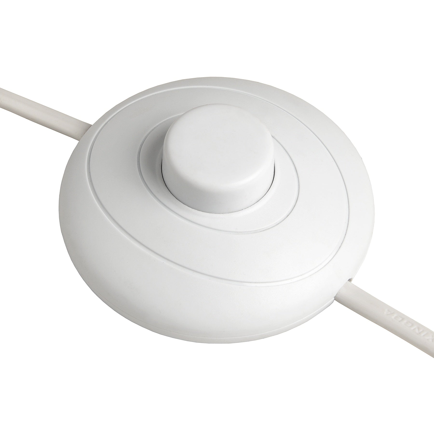 White, circular lamp switch with a smooth, raised center knob and attached light cord, designed for easy operation.