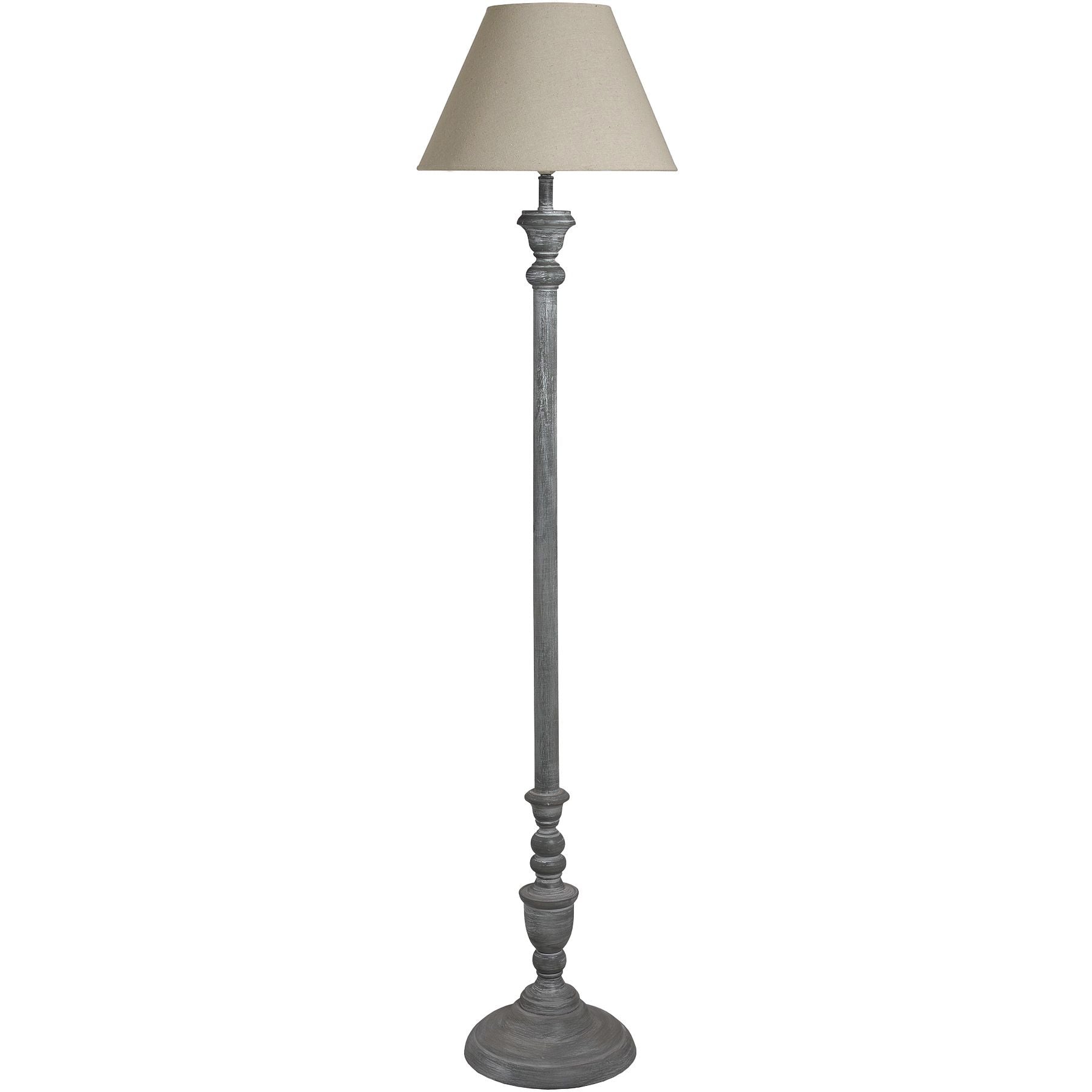 Sophisticated floor lamp with a grey, whitewashed base and a classic linen shade, perfect for warm, inviting spaces.
