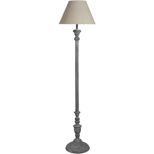 Sophisticated floor lamp with a grey, whitewashed base and a classic linen shade, perfect for warm, inviting spaces.