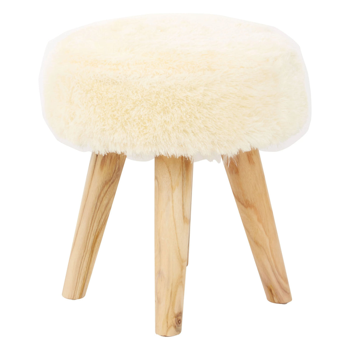 Sumatra Cream Faux Fur and Teak Wood Stool