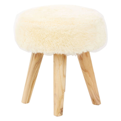 Sumatra Cream Faux Fur and Teak Wood Stool