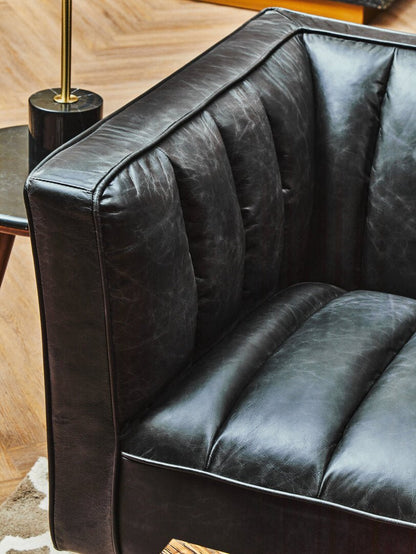 Monarch Three Seater Black Leather Sofa With Flared Arms