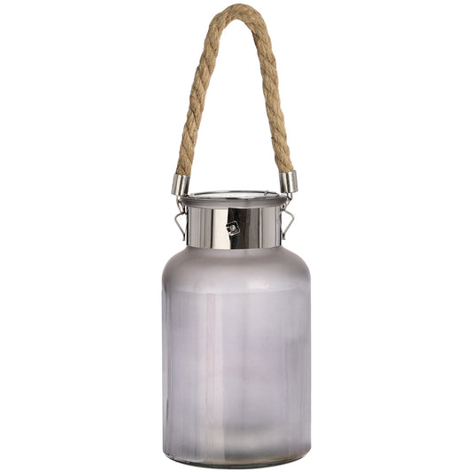 Frosted glass lantern with a silver top and rope handle, featuring soft white LED lighting for a cozy ambiance.