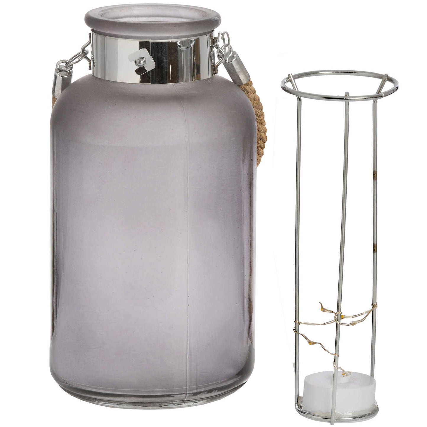 Frosted Grey Glass Lantern with Rope Detail and LED - Lanterns from the Quanta Home collection.