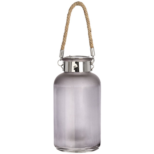 Frosted grey glass lantern with a rope handle and silver accents, featuring integrated LED for a serene, atmospheric glow.
