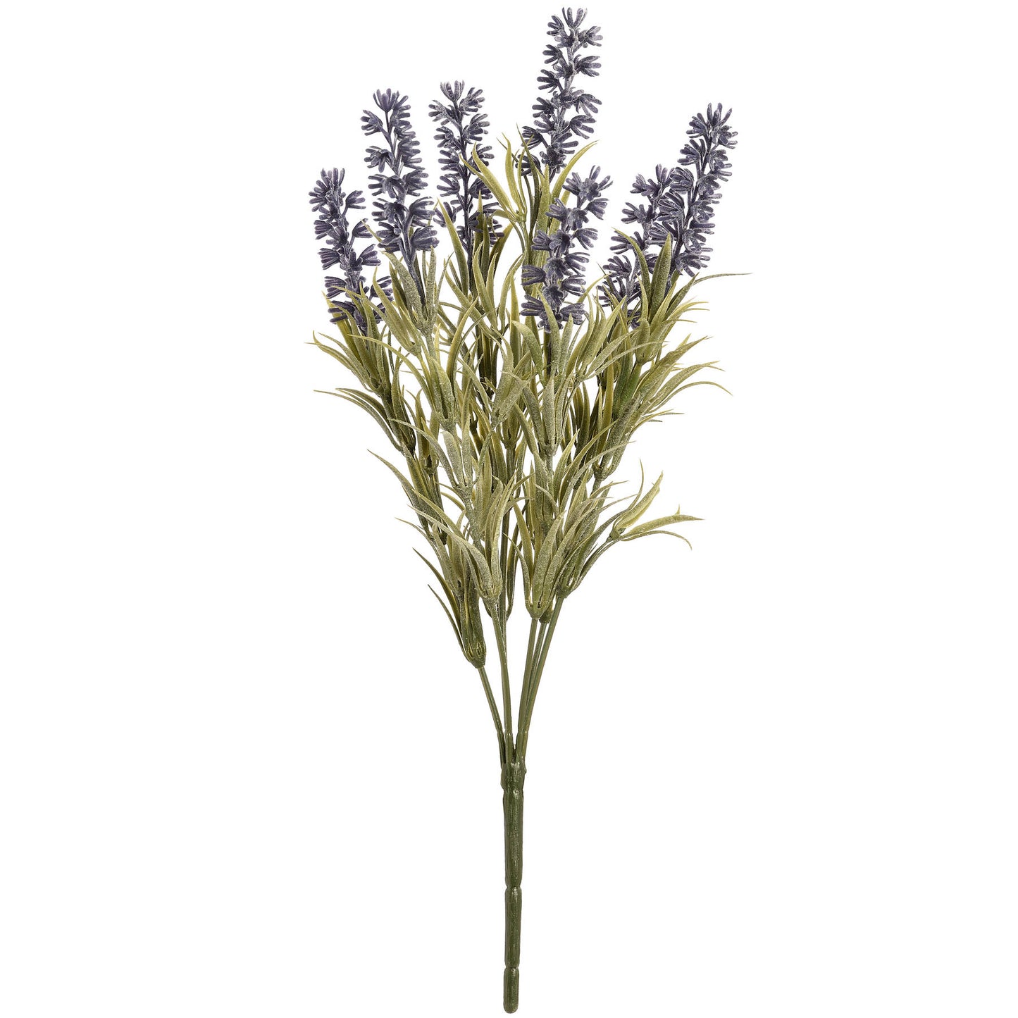Realistic artificial lavender spray with purple blooms and green foliage; ideal for maintenance-free home decor.
