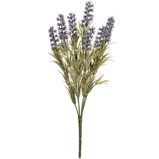 Realistic artificial lavender spray with purple blooms and green foliage; ideal for maintenance-free home decor.