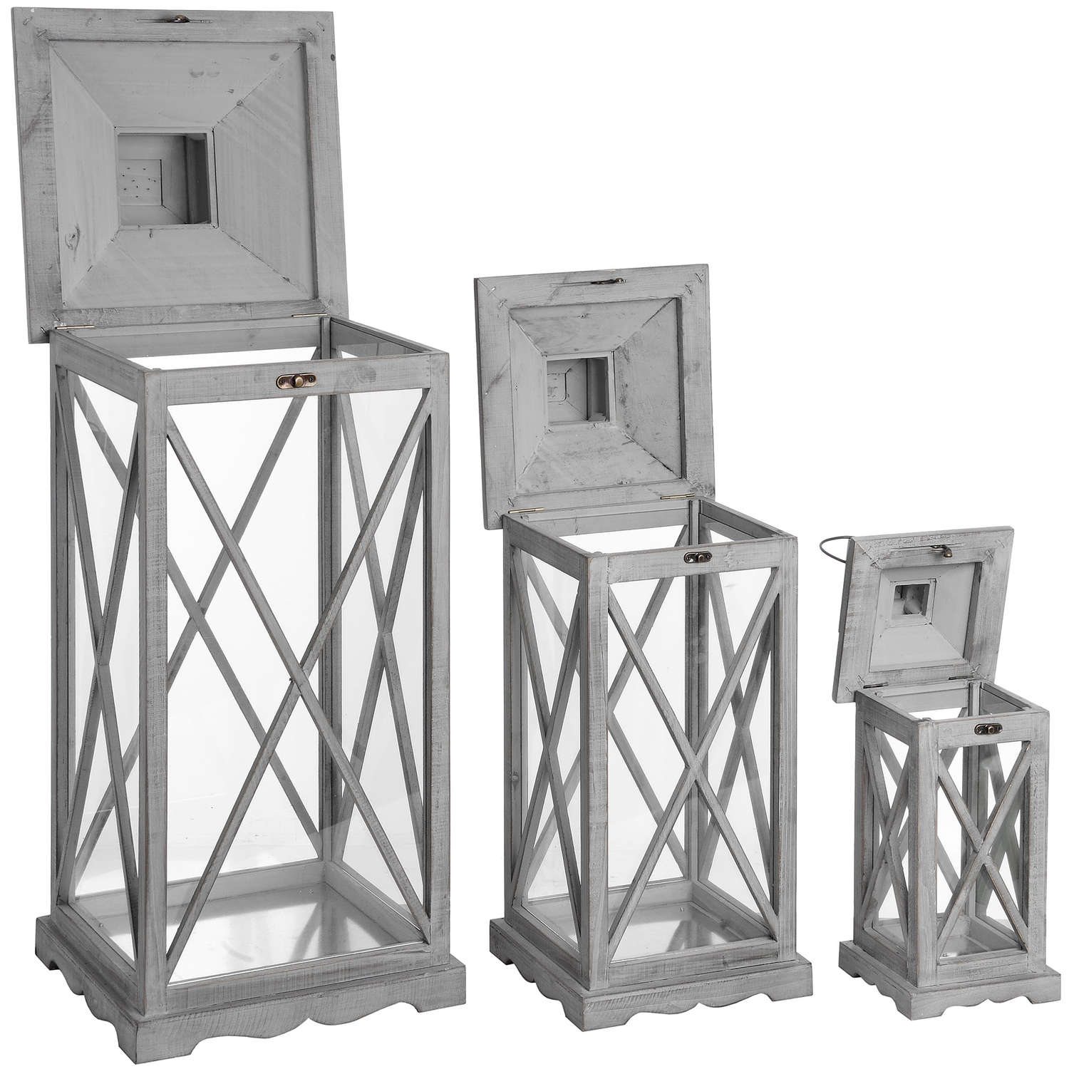 Set Of Three Wooden Lanterns With Traditional Cross Section - Lanterns from the Quanta Home collection.