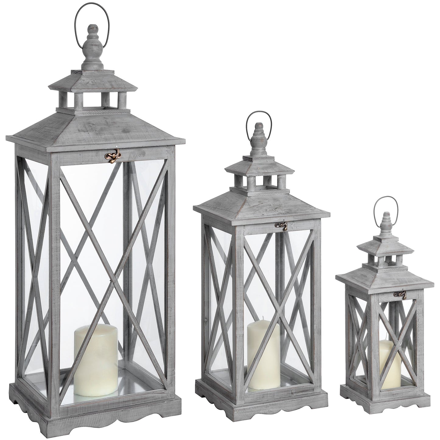 Set Of Three Wooden Lanterns With Traditional Cross Section - Lanterns from the Quanta Home collection.