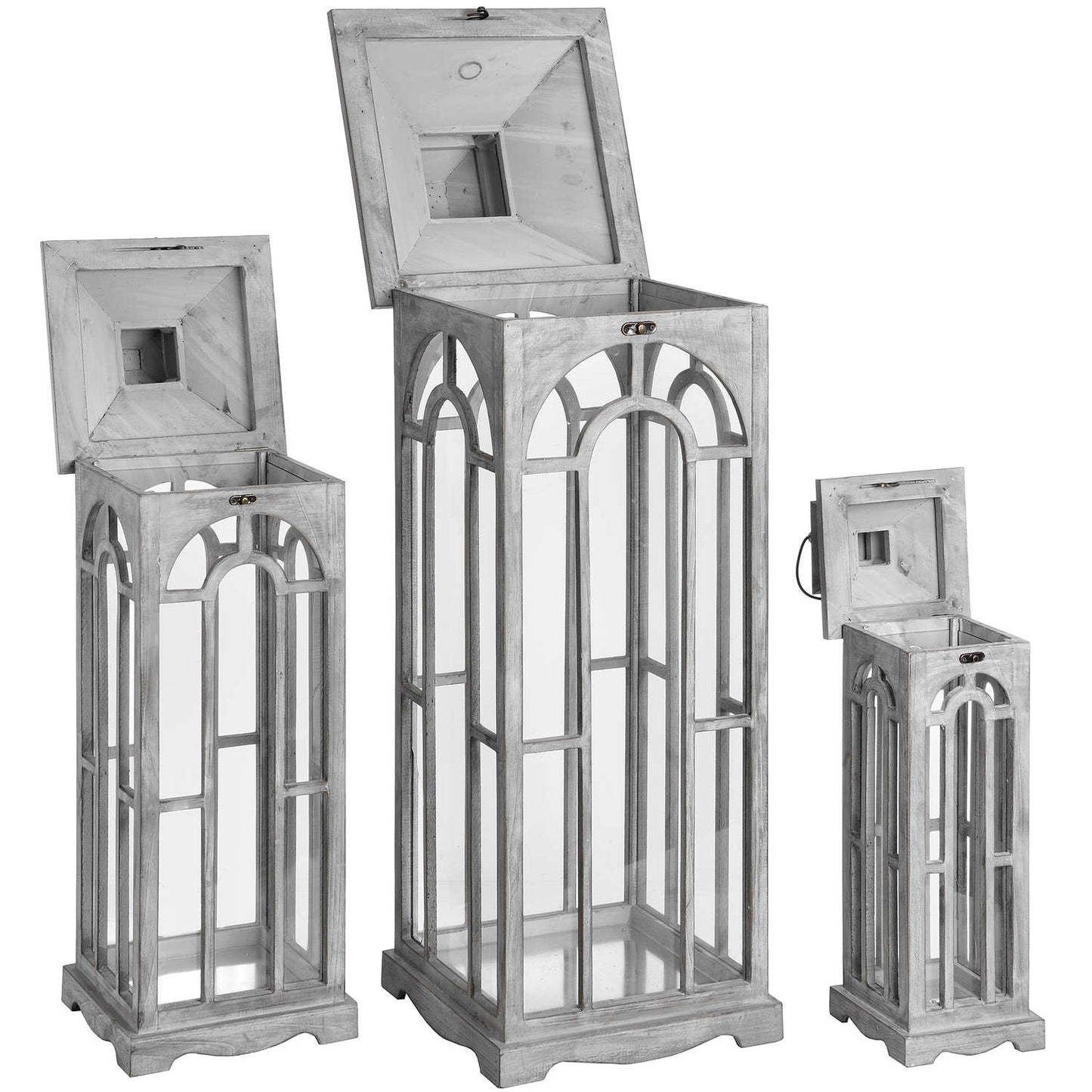 Set Of Three Wooden Lanterns With Archway Design - Lanterns from the Quanta Home collection.