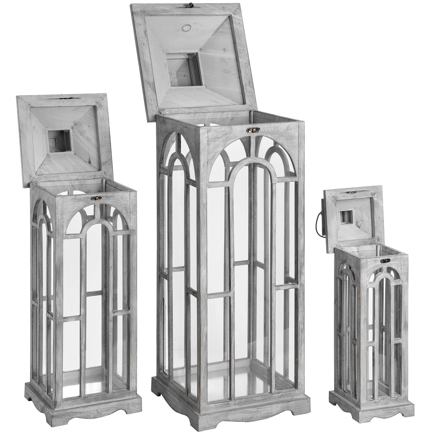 Set Of Three Wooden Lanterns With Archway Design - Lanterns from the Quanta Home collection.