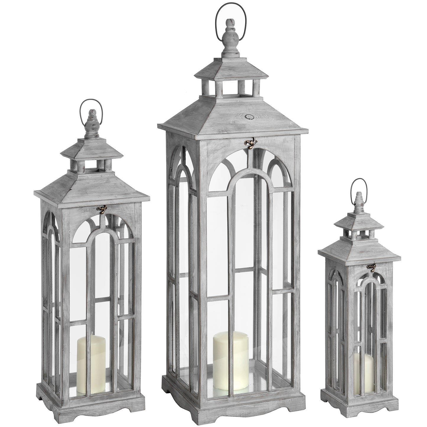Set Of Three Wooden Lanterns With Archway Design - Lanterns from the Quanta Home collection.