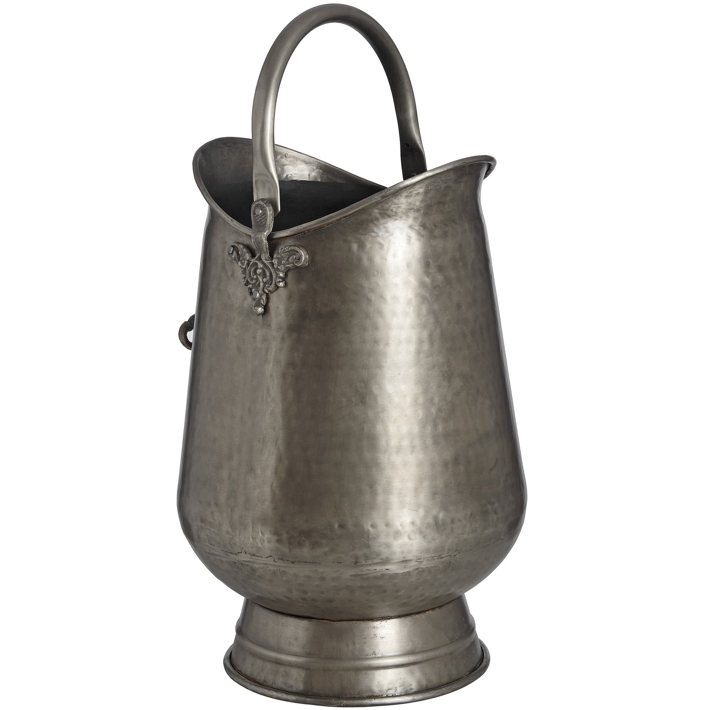 Antique pewter coal bucket with intricate leaf motif, ornate handle, and a refined finish, perfect for stylish storage.