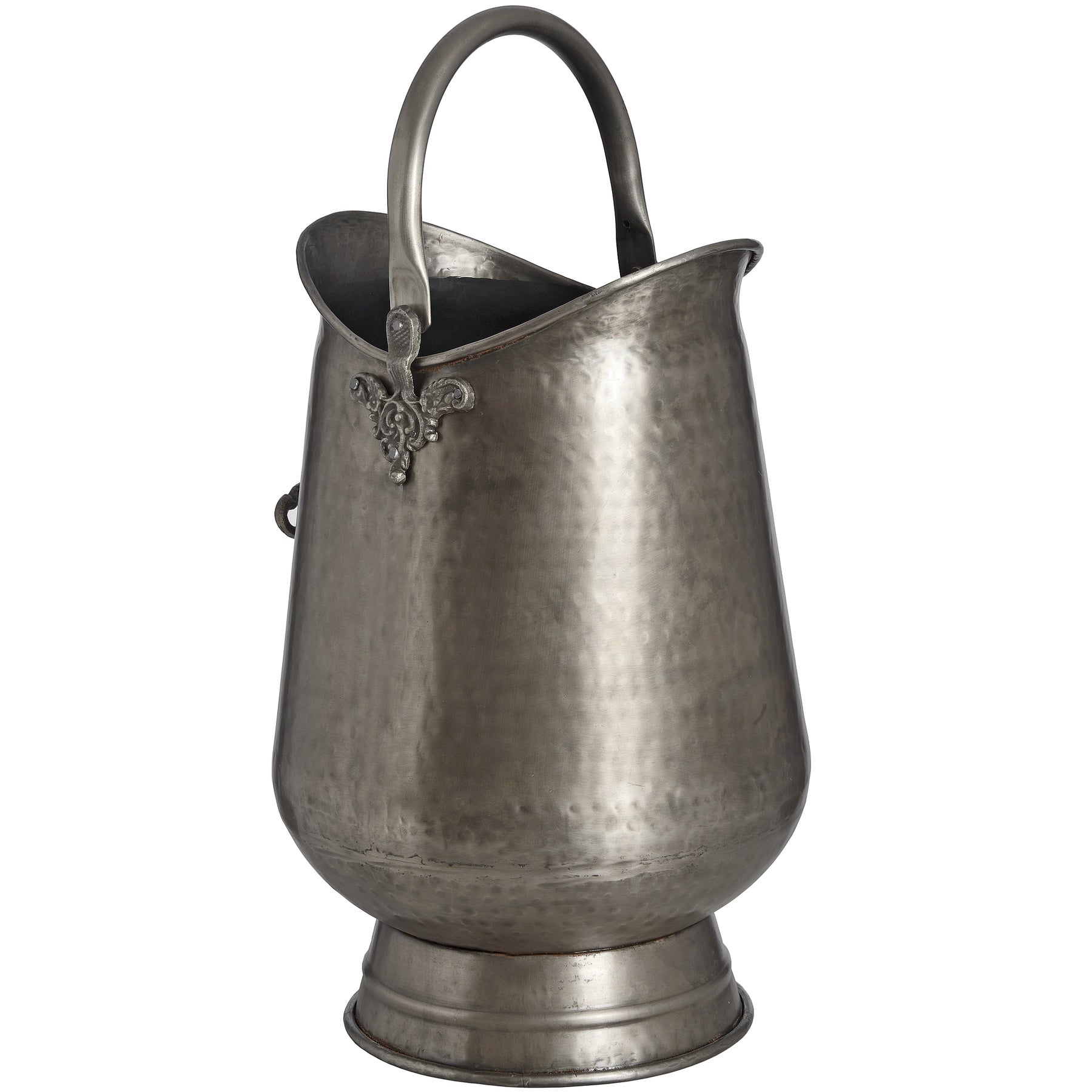 Antique pewter coal bucket with intricate leaf motif, ornate handle, and a refined finish, perfect for stylish storage.