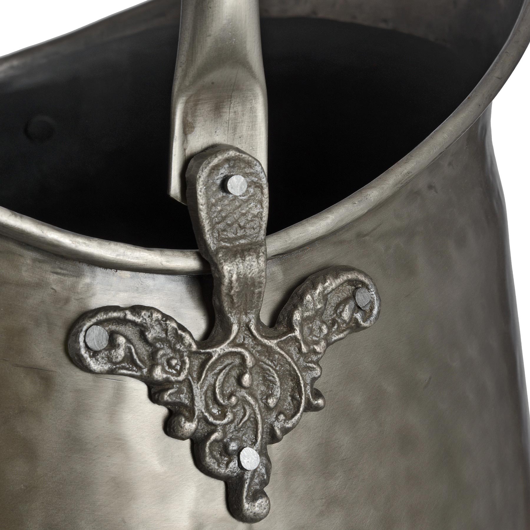 Antique pewter coal bucket with intricate leaf motif handle and a rich, polished finish, ideal for decor or storage.