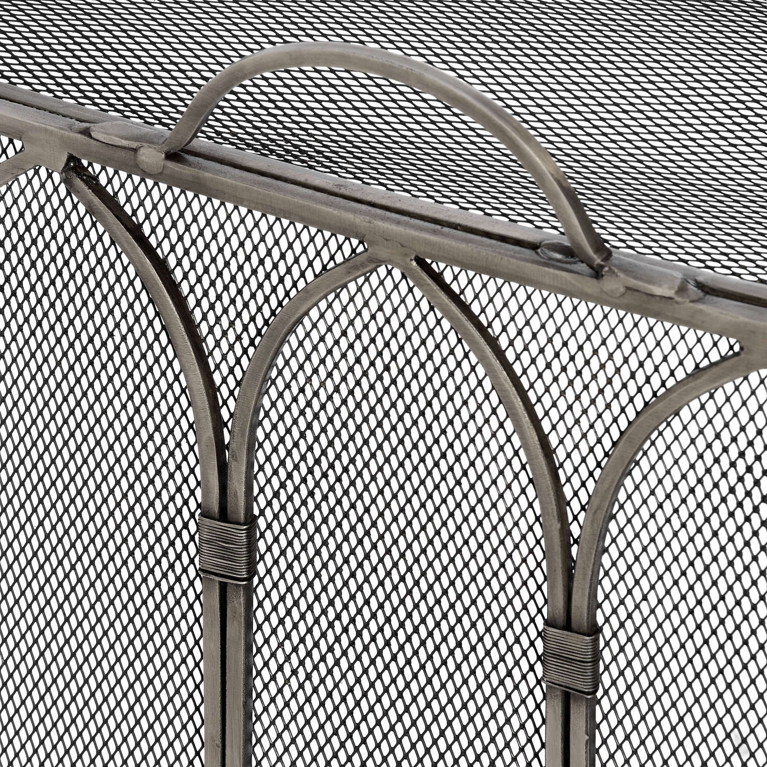 Gothic antique pewter firescreen featuring peaked arches and a mesh design, adding elegance and safety to any fireplace.